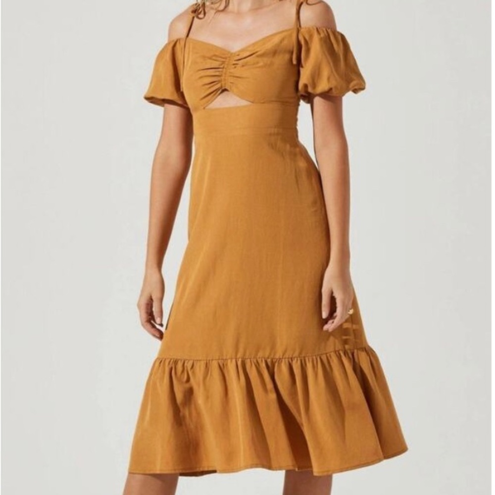 ASTR Mustard Off-Shoulder Midi Dress with Ruffle Hem